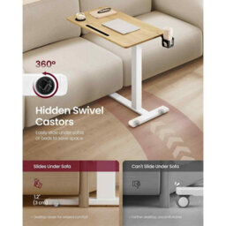 Adjustable Overbed Side Table With Wheels, Mobile Standing Desk With Cup Holders, Golden Oak - thumbnail 5