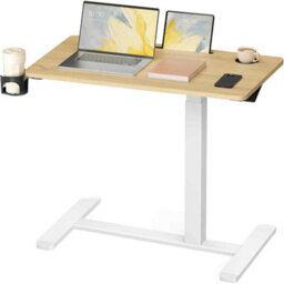 Adjustable Overbed Side Table With Wheels, Mobile Standing Desk With Cup Holders, Golden Oak - thumbnail 6