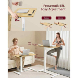 Adjustable Overbed Side Table With Wheels, Mobile Standing Desk With Cup Holders, Golden Oak - thumbnail 4