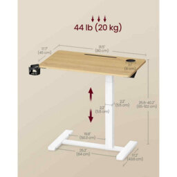 Adjustable Overbed Side Table With Wheels, Mobile Standing Desk With Cup Holders, Golden Oak - thumbnail 2