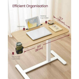 Adjustable Overbed Side Table With Wheels, Mobile Standing Desk With Cup Holders, Golden Oak - thumbnail 3