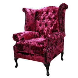 Chesterfield High Back Wing Chair Lustro Carmine Velvet In Queen Anne Style - thumbnail 3