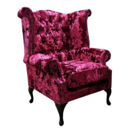 Chesterfield High Back Wing Chair Lustro Carmine Velvet In Queen Anne Style - thumbnail 1