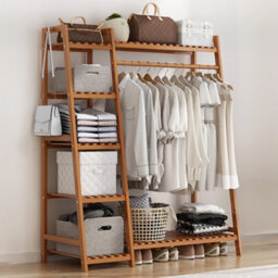 Living And Home Bamboo Bedroom Garment Open Clothes Rack With Storage Shelf, Hanging Rail And Side Hooks Brown