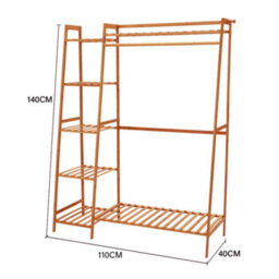 Living And Home Bamboo Bedroom Garment Open Clothes Rack With Storage Shelf, Hanging Rail And Side Hooks Brown - thumbnail 9