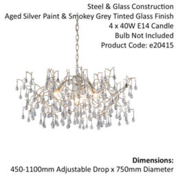 Mutli Arm Ceiling Pendant Light Fitting - Aged Silver & Glass Teardrop Details - thumbnail 2