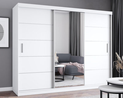 Fhif Dallas 250Cm White Sliding Door Wardrobe Modern Bedroom Storage With Full Length Mirror Shelves And Hanging Rails - image 1