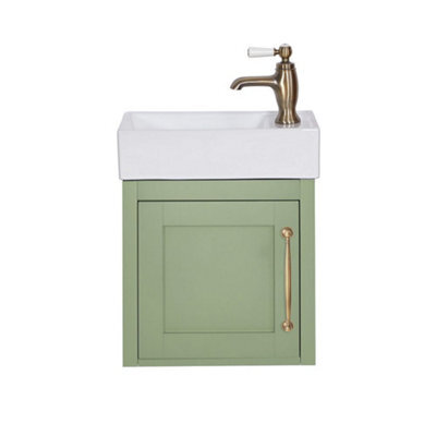 Homestylestore Pastel Green 400mm Wall Hung Bathroom Vanity Unit And Aged Gold T Bar Handle - image 1