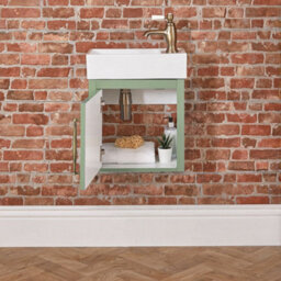 Homestylestore Pastel Green 400mm Wall Hung Bathroom Vanity Unit And Aged Gold T Bar Handle - thumbnail 3