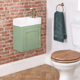 Homestylestore Pastel Green 400mm Wall Hung Bathroom Vanity Unit And Aged Gold T Bar Handle - thumbnail 2