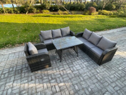 Fimous Outdoor Lounge Sofa Set Wicker Pe Rattan Garden Furniture Set With Dining Table Reclining Chair Dark Grey Mixed - thumbnail 2