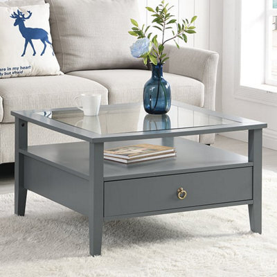 Furniture in Fashion Stanley Square Glass Coffee Table With 2 Drawers In Grey - image 1