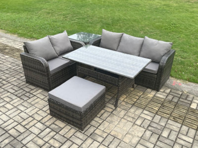 Fimous Outdoor Garden Patio Furniture Wicker Rattan Oblong Dining Table And Lounge Sofa Set With Side Table Big Footstool - image 1
