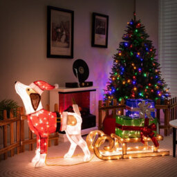 Costway Lighted Christmas Decorations Outdoor Pre-Lit Xmas Dog & Sleigh & Gift Boxes - thumbnail 1