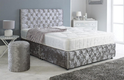 Adore Designs Adore Living Chesterfield Crushed Velvet Divan Bed With Orthopaedic Mattress And Round Stool In Grey