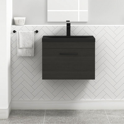 Royal Bathrooms Turin 600mm Wall Hung Vanity Unit 1 Drawer Hale Black With Black Basin & Handles - image 1