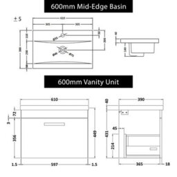 Royal Bathrooms Turin 600mm Wall Hung Vanity Unit 1 Drawer Hale Black With Black Basin & Handles - thumbnail 7
