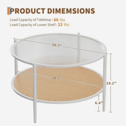 "30"" Round Rattan Coffee Table Storage,2 Tier Glass Centre Table White" - thumbnail 2