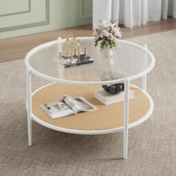 "30"" Round Rattan Coffee Table Storage,2 Tier Glass Centre Table White" - thumbnail 1