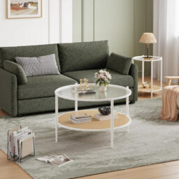 "30"" Round Rattan Coffee Table Storage,2 Tier Glass Centre Table White" - thumbnail 3