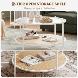 "30"" Round Rattan Coffee Table Storage,2 Tier Glass Centre Table White" - thumbnail 5