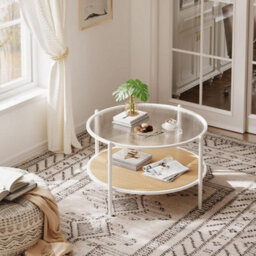 "30"" Round Rattan Coffee Table Storage,2 Tier Glass Centre Table White" - thumbnail 4
