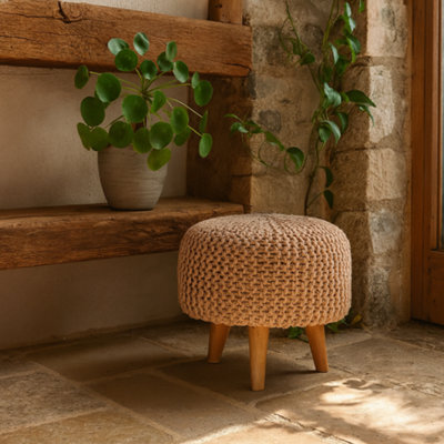 Wyld Haus Mantua Beige Woven Round Footstool, Mango Wood Legs, 400mm - image 1