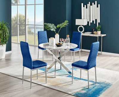 Furniturebox Uk Novara White Marble Round Dining Table & 4 Navy Velvet Milan Chairs - image 1