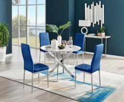 Furniturebox Uk Novara White Marble Round Dining Table & 4 Navy Velvet Milan Chairs