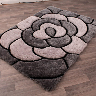 Rose Charcoal Shaggy Sparkle Easy To Clean Floral Optical/ (3D) Rug For Dining Room Bedroom And Living Room-60Cm X 110Cm - image 1