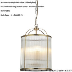 Loops Hanging Ceiling Pendant Light - Antique Brass Plate & Clear Ribbed Glass - 4 X 6W Led E14 - thumbnail 2
