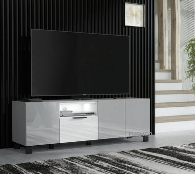 Furneo 150Cm Tv Stand Grey White High Gloss Matt Unit Cabinet White Led Lights Enzo 14 - image 1