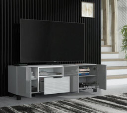 Furneo 150Cm Tv Stand Grey White High Gloss Matt Unit Cabinet White Led Lights Enzo 14 - thumbnail 2