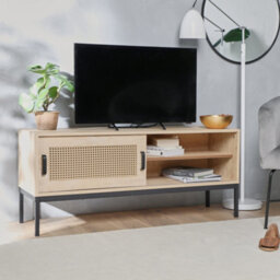 "Vonhaus Rattan Tv Unit - Light Wood Effect Tv Cabinet - Entertainment Unit W/storage Cupboard & 2 Open Shelves For Tv's Up To 55""" - thumbnail 8