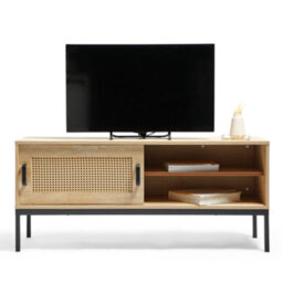 "Vonhaus Rattan Tv Unit - Light Wood Effect Tv Cabinet - Entertainment Unit W/storage Cupboard & 2 Open Shelves For Tv's Up To 55""" - thumbnail 9
