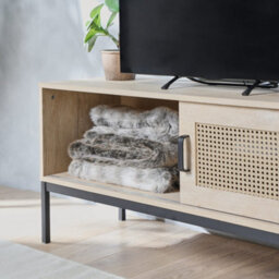 "Vonhaus Rattan Tv Unit - Light Wood Effect Tv Cabinet - Entertainment Unit W/storage Cupboard & 2 Open Shelves For Tv's Up To 55""" - thumbnail 4