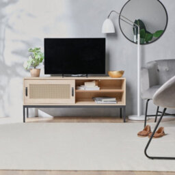 "Vonhaus Rattan Tv Unit - Light Wood Effect Tv Cabinet - Entertainment Unit W/storage Cupboard & 2 Open Shelves For Tv's Up To 55""" - thumbnail 2