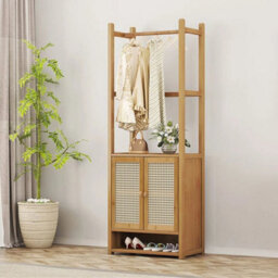 Bamboo Coat Rack Stand Hall Tree With Shelves & Hangers Entryway - thumbnail 1