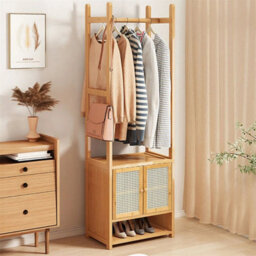Bamboo Coat Rack Stand Hall Tree With Shelves & Hangers Entryway - thumbnail 3