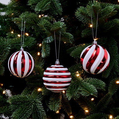 Plastic Striped Round Christmas Bauble Set, Set Of 3 (D) 80mm - Red, White - image 1