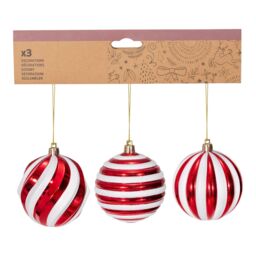 Plastic Striped Round Christmas Bauble Set, Set Of 3 (D) 80mm - Red, White - thumbnail 2