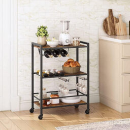 Hygrad Built to Survive 3 Tier Rolling Industrial Design Rustic Wooden Bar Kitchen Food Serving Cart Trolley Wheels Bar Cart, Kitchen Cart - thumbnail 2