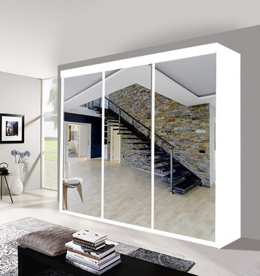 Milan Sliding Mirror Door Wardrobe With Hanging Rails & Shelves ( White , 250 Cm ) - image 1