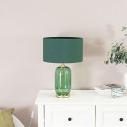 Valuelights Leigh Forest Green Glass And Gold Detail Table Lamp With Drum Shade - thumbnail 3