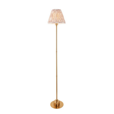Luminosa Lighting Luminosa Burley Rechargeable Brushed Aged Brass Plate Floor Lamp With Neutral Print Fabric Ikat Shade 25Cm Integrated Led - image 1