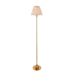 Luminosa Lighting Luminosa Burley Rechargeable Brushed Aged Brass Plate Floor Lamp With Neutral Print Fabric Ikat Shade 25Cm Integrated Led
