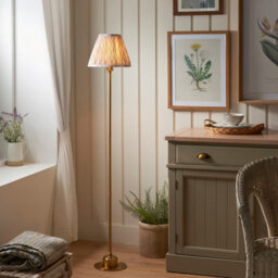 Luminosa Lighting Luminosa Burley Rechargeable Brushed Aged Brass Plate Floor Lamp With Neutral Print Fabric Ikat Shade 25Cm Integrated Led - thumbnail 2
