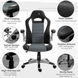 Homcom Racing Office Chair Pu Leather Computer Desk Gaming Style With Wheels, Flip-Up Armrest, Grey - thumbnail 7