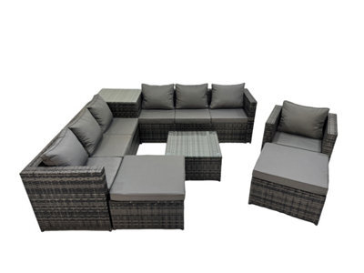 Fimous 9 Seater Garden Outdoor Rattan Furniture Set Patio Corner Sofa Coffee Table With Side Table 2 Big Stool Dark Grey - image 1