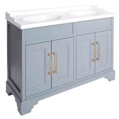 Homestylestore Light Grey 1210mm Bathroom Vanity Unit With Double Basin And Aged Gold T Bar Handles - image 1